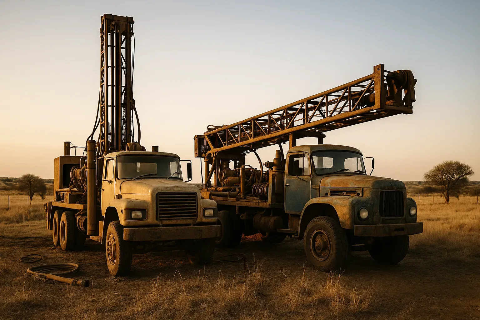 Illustrative photo of two borehole drilling rig trucks