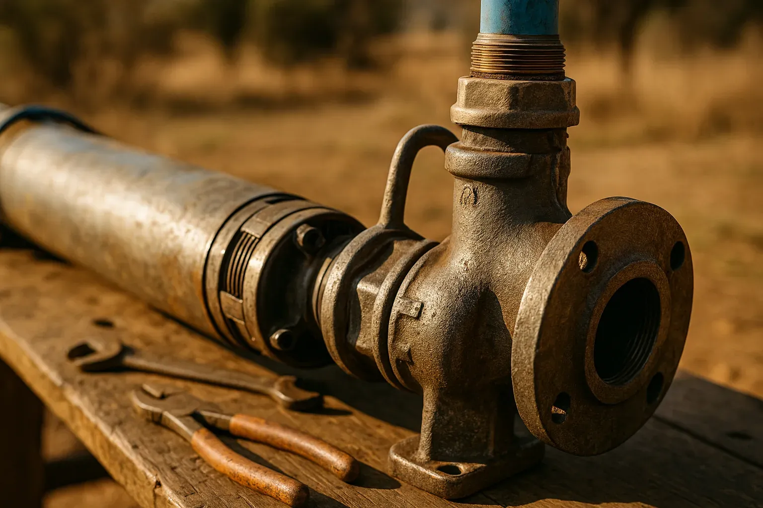 Illustrative close-up photo of a borehole pump and wellhead fittings
